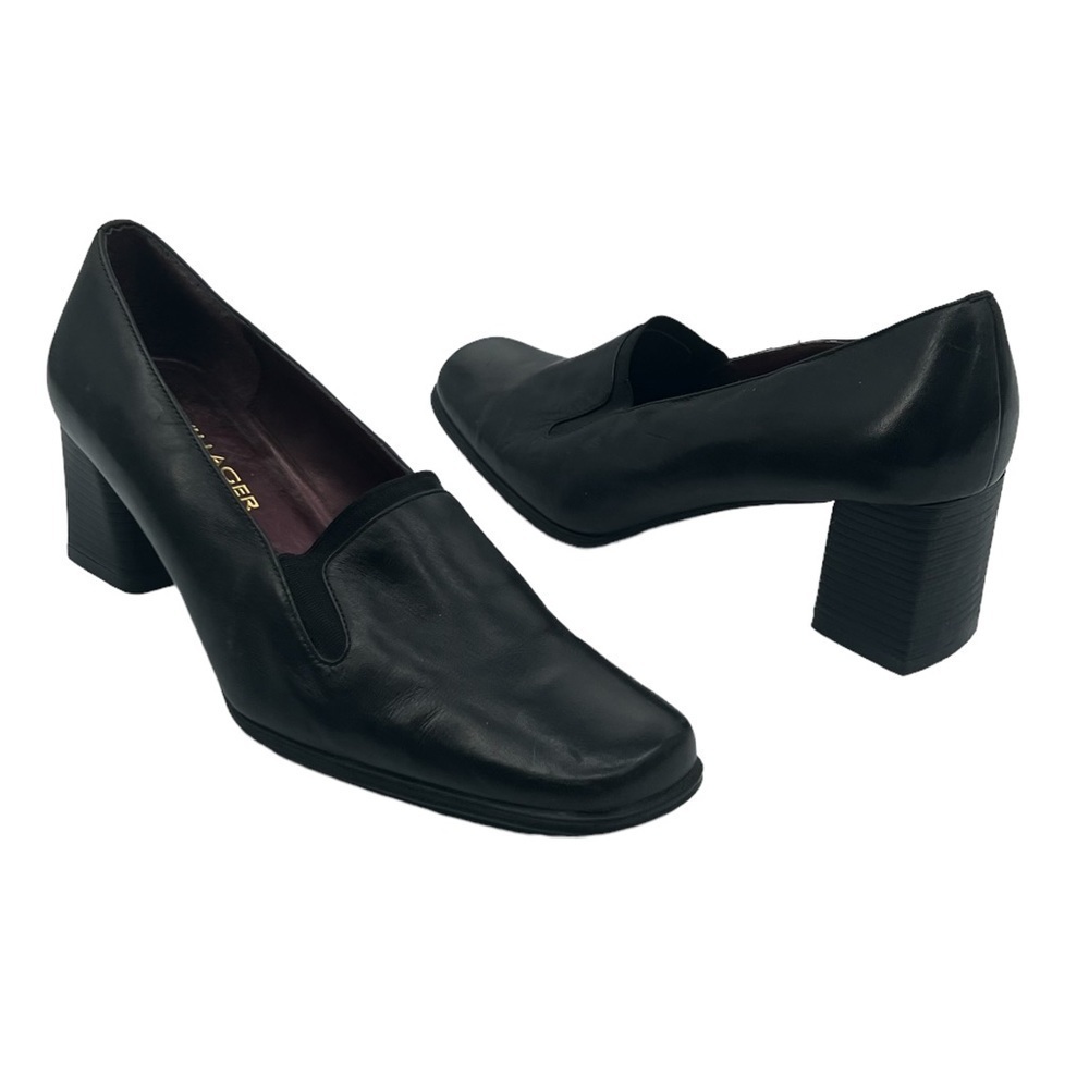 Villager By Liz Claiborne Black Leather Square Toe Block Heels Size 9 Women's